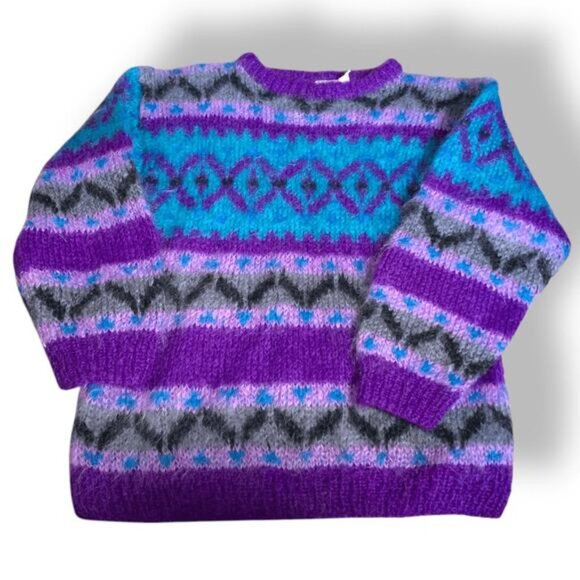 Vintage 90s Icelandic Design Mohair Wool Fair Isle Sweater Purple Blue Medium - Picture 2 of 9